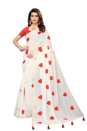 ETHNICMODE Indian Women's CHANDHERI Cotton Fabrics Multi-Colored Printed Sari with Blouse Piece (Fabric) Heart White