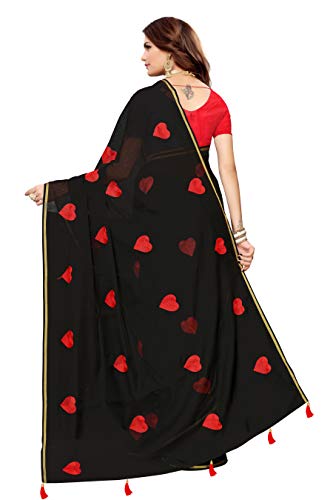 ETHNICMODE Women's CHANDHERI Cotton Fabrics Multi-Colored Printed Sari with Blouse Piece (Fabric) Heart Black
