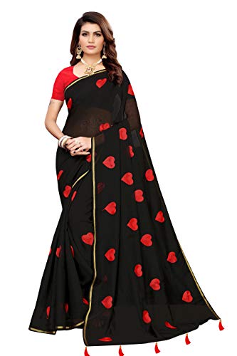 ETHNICMODE Women's CHANDHERI Cotton Fabrics Multi-Colored Printed Sari with Blouse Piece (Fabric) Heart Black