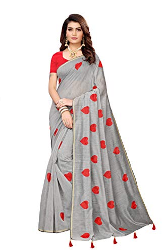 ETHNICMODE Women's CHANDHERI Cotton Fabrics Multi-Colored Printed Sari with Blouse Piece (Fabric) Heart Grey