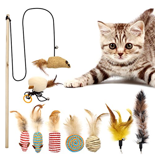 Juguetes interactivos para gato Ulable, juguete de plumas para gato de sisal, juguetes para gato para mascotas pequeñas, grandes y variables (9 unidades)
