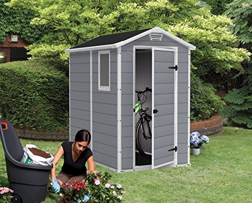 Keter Manor 4X6 S Shed- Caseta de jardín, con suelo, sistema de ventilación, puerta y ventana, resistente al agua, color gris