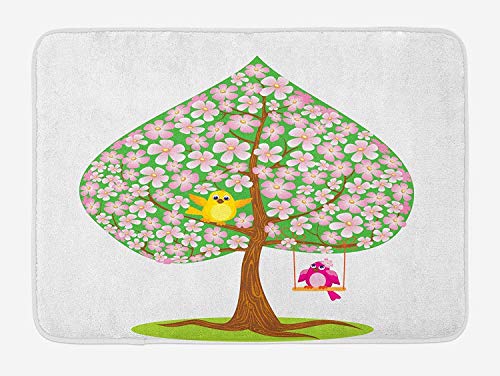 Klotr Felpudos, Animal Bath Mat, Heart Shape Spring Tree with Flowers Blossom and Singing Bird Valentine's Love, Plush Bathroom Decor Mat with Non Slip Backing, 40X60 CM, Pink Green Brown