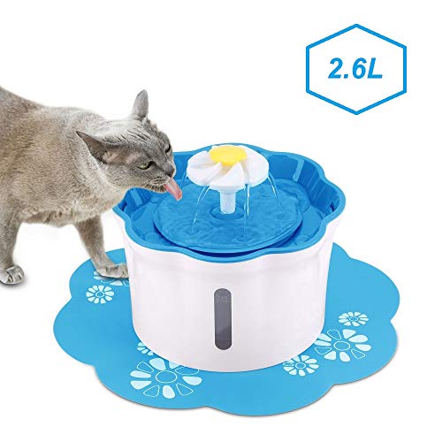 KOOPAO Pet Cat Dispensador de Fuente de Agua, 2.6L Mascotas Filtros de reemplazo de Fuente automáticos Ultra silencioso Saludable e higiénico para Perros Gatos 1 Filtro 1 tapete de Silicona