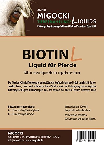 migocki Biotina Liquid – Complemento Forro Medio Para Caballos – Soporta el crecimiento Herradura, para una saludable Cuerno de piel, de piel y estructura – Dosificador Botella 1000 ml.