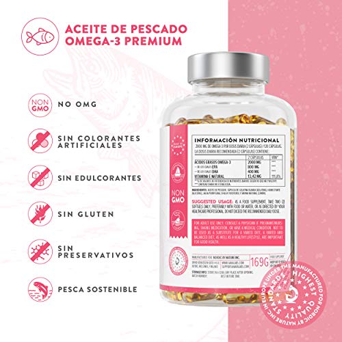 Omega 3 - Aceite de Pescado [2000 mg] AAVALABS - Alta Potencia - Destilado Molecularmente para Mayor Pureza - 800 mg EPA y 400 mg DHA/Dosis Diaria - 120 Cápsulas - Calidad Nórdica