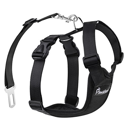 Pawaboo Cinturón de Arnés de Chaleco de Seguridad para Perros, Mascotas Arnés Ajustable para el Conductor para Perros de 55 lb-88 LB, Negro