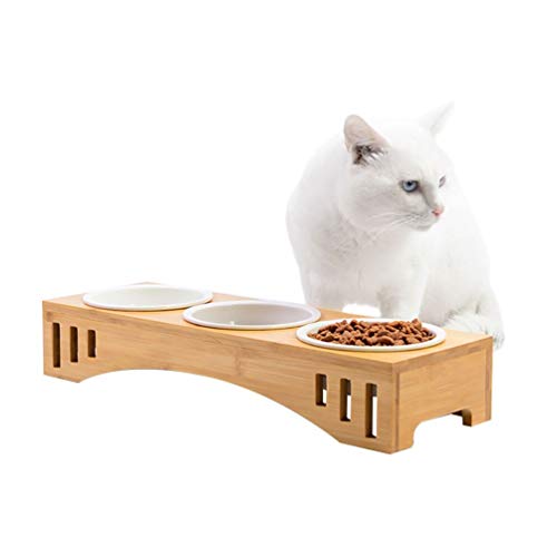 Petacc Comedero para Gatos Tazón Elevado para Mascotas Combinado con Soporte de Bambú y Cuencos de Melamina (3 Cuencos)