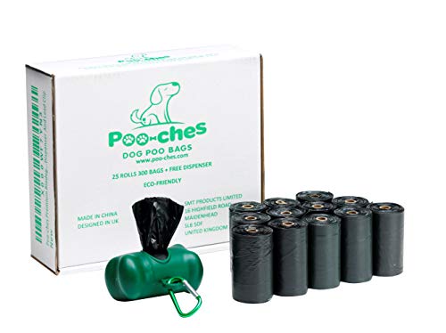 Poo-ches Premium Biodegradable Perro Poo Bolsas – Extra Fuerte y Extra Grande – en un Rollo – 300 Unidades con dispensador Gratis