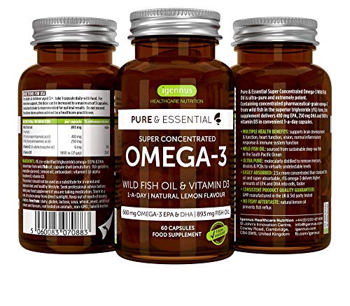 Pure & Essential Aceite de Pescado Salvaje Omega-3 410 mg EPA y 250 mg DHA por cápsula y Vitamina D3, sabor a limón, 60 cápsulas