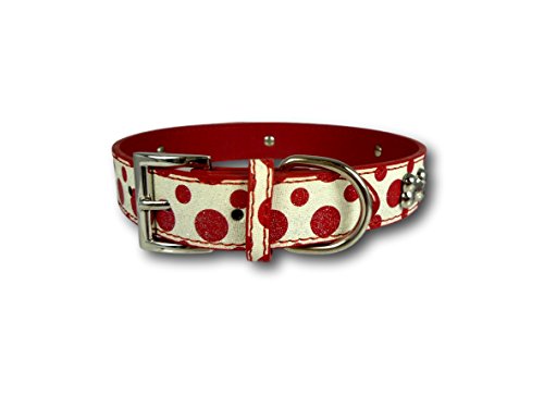 Rojo y blanco diseño de lunares con purpurina collar con hueso studs – cara mia dogwear