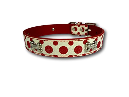 Rojo y blanco diseño de lunares con purpurina collar con hueso studs – cara mia dogwear