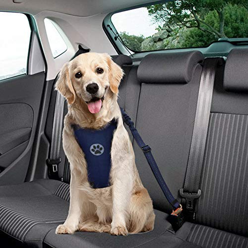 SlowTon Arnés de perro para coche con correa de conector, multifunción, ajustable, doble tejido de malla transpirable, arnés de chaleco de viaje regular con cinturón de seguridad