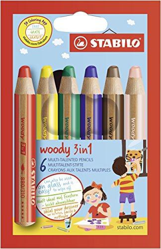 STABILO Woody - Lápiz de color multifuncional - Lápiz de color, cera y acuarela - Estuche con 6 colores