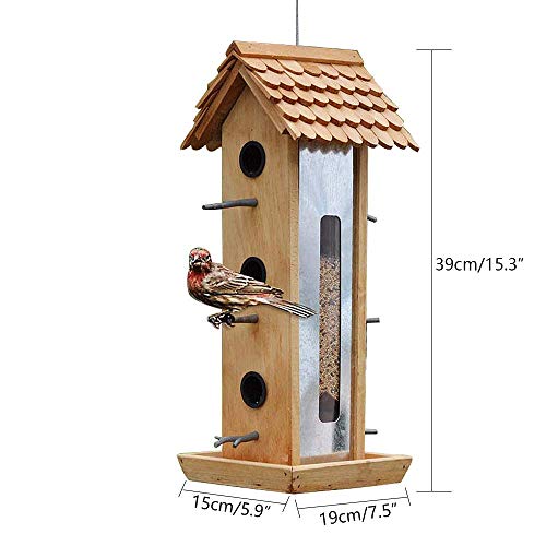 Sungmor Colgante alimentador de Aves Silvestres | Comedero de pájaros de jardín de Madera Premium Bird | Mesa de alimentación de Aves de Madera Salvaje con Poste de la estación de aleación