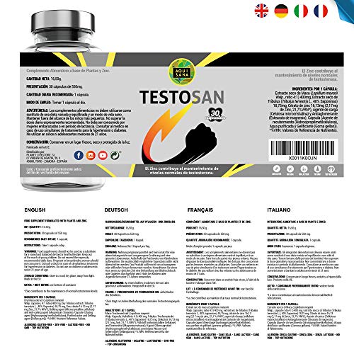 Testosan-Aquisana |Testosterona Suplemento Deportivo | Más fuerza, resistencia y Energía | Quemagrasas | Maca + Zinc | Libre de Alérgenos-(30 CAP)