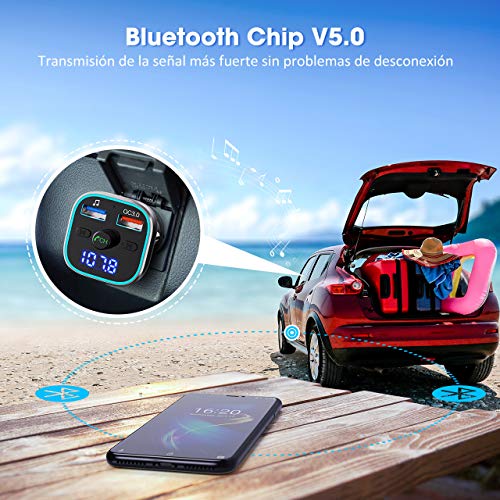 Transmisor FM Bluetooth V5.0, [RGB 7 Colores Luz de Anillo] VicTsing Manos Libres para Coche QC3.0 Carga rápida, Reproductor MP3 Coche, Adaptador de Radio Dual USB QC3.0 & 5V1A, Tarjetas SD + U Disk