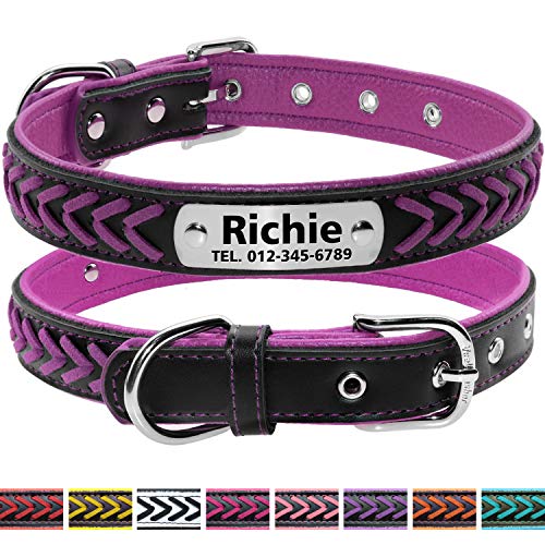Vcalabashor Nombre Vcalabashor personalizado collar de perro de piel / cuero trenzado genuino plateado collares de perro 23.5-30cm Violeta / Negro