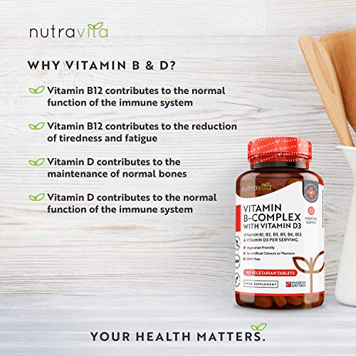 Vitamina B Complex con Vitamina D - 365 Tabletas Vegetarianos (Suministro para 365 Días) - Dosis Altas de 8 Formas de Vitaminas B y Vitamina D3 - Elaborado en el Reino Unido por Nutravita