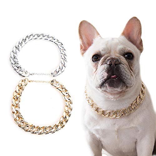 WanTo Collar para Perros pequeños Cadena de Aperitivos Peluche Bulldog francés Collar Plateado/Dorado Accesorios para Mascotas Collar de Perro, Plata, 37 cm