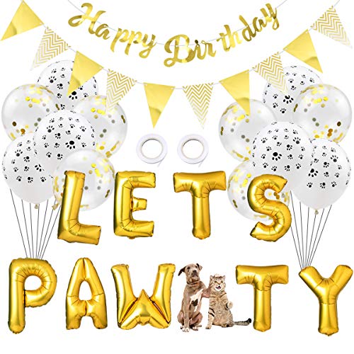 WEONE Decoraciones Cumpleaños para Perro, Lets Party Florete Globos Happy Birthday Letras Bandera Globos con diseño de Huella de Perro decoración de Fiesta de cumpleaños para Cachorros (Oro)