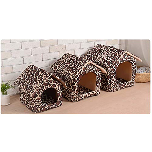 XHPWW Dog Cat House, portátil Plegable Interior al Aire Libre Dog Cat House Nest Calentador a Prueba de Viento, Suave y cómodo Refugio de habitación de Cama (Color: Leopardo)-L
