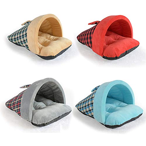 XHPWW Soft Dog Cat Bed House, Zapatillas de Estilo británico Kennel Semi-Cerrado Winter Warm Cat Nest Colchón Suministros para Mascotas 50 * 40Cm Plaid Rojo-Blue-M