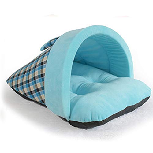 XHPWW Soft Dog Cat Bed House, Zapatillas de Estilo británico Kennel Semi-Cerrado Winter Warm Cat Nest Colchón Suministros para Mascotas 50 * 40Cm Plaid Rojo-Blue-M