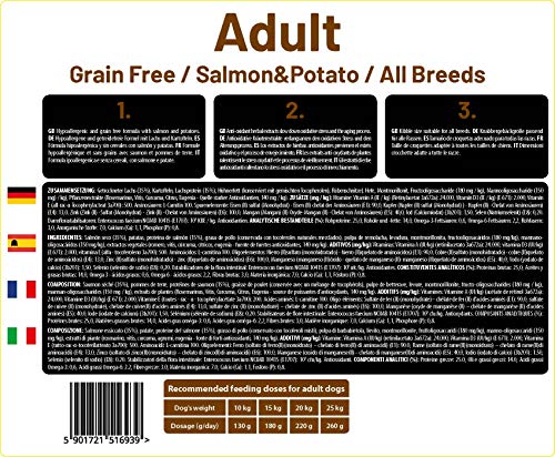 Alimento seco para perros adultos sin cereales, con salmón y patatas, para todas las razas, para perros alérgicos, 14 kg