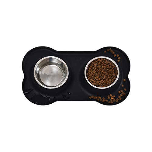 AmazonBasics Juego de base y cuencos para perro, forma de hueso, de silicona - negro