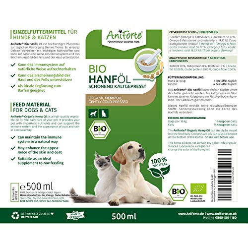 AniForte aceite de cáñamo orgánico prensado en frío para perros, gatos y caballos 500ml - 100% de aceite de cáñamo puro como aditivo BARF, producto natural de primera calidad