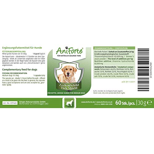 AniForte Thick Shield para Perros (10-35kg) 60 cápsulas. Producto 100% natural. Complejo de Vitamina B que Actúa como Escudo Anti-Garrapatas y Parásitos.