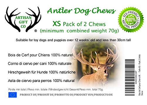 ARTISAN GIFT CO Asta de Ciervo para Cachorros y Perros Mini – 100% Natural - Tamaño XS. Pack 2 Unidades (Peso min. Total 70gr) (XS Pack 2 unds.)