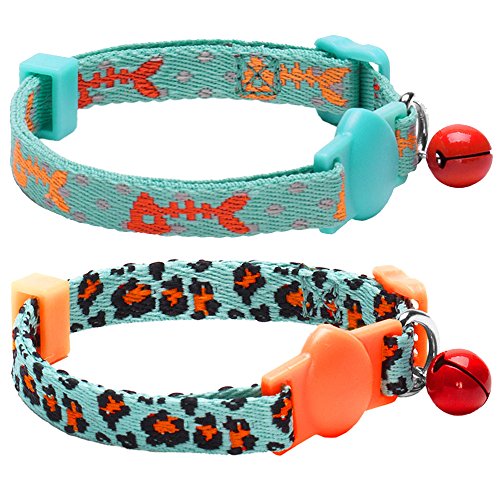 Blueberry Pet Pack of 2 Cat Collars, Hunting Expedition with Fish Bone and Leopard Print Adjustable Breakaway Cat Collar with Bell, Neck 23cm-33cm