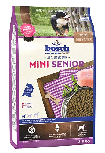 bosch HPC Mini Senior | Comida seca para perros mayores de razas pequeñas | Sin gluten | 2,5 kg