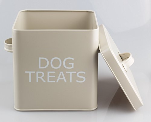Caja de lata con tapa, estilo retro vintage con texto "Dog Treats"