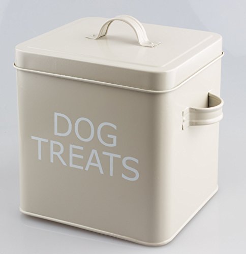 Caja de lata con tapa, estilo retro vintage con texto "Dog Treats"