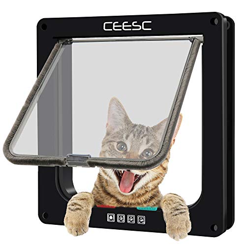 CEESC Puerta magnética para mascotas con puerta abatible y cerradura de 4 vías para gatos, gatitos y Perro Perrito (M, Negro)