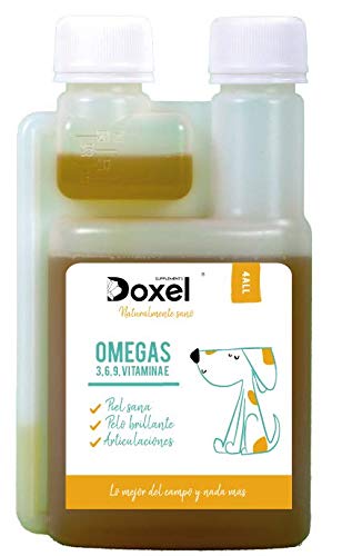 Doxel 4all-100ml Aceite para perros| Suplemento natural | Sistema Inmunitario reforzado| Articulaciones sanas| Pelo brillante| Piel sana| Ácidos grasos Omega 3 6 9| Vitamina E| Alergias perro|Natural