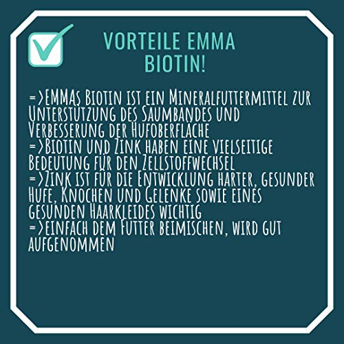 EMMA Biotina Plus Zinc para Caballos Alimentos minerales Dosis Alta I para un Pelo Bonito, pezuñas y cabellos sanos, crines y Pelo I Crecimiento de pezuñas I Calidad de Cuernos I 1 kg