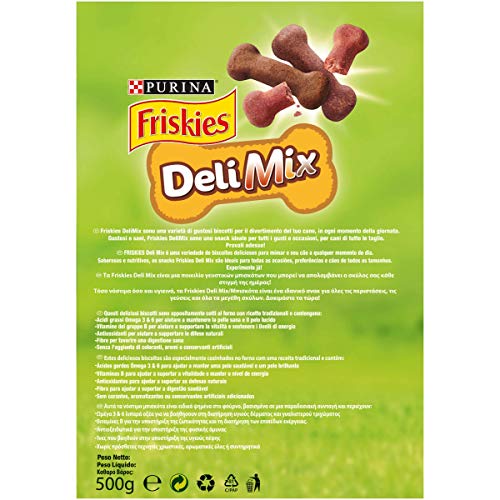 Friskies DeliMix - Galletas crujientes para Perros, con 3 variedades, Carne de Res, Pollo y Caza, 500 g - Paquete de 6 Unidades
