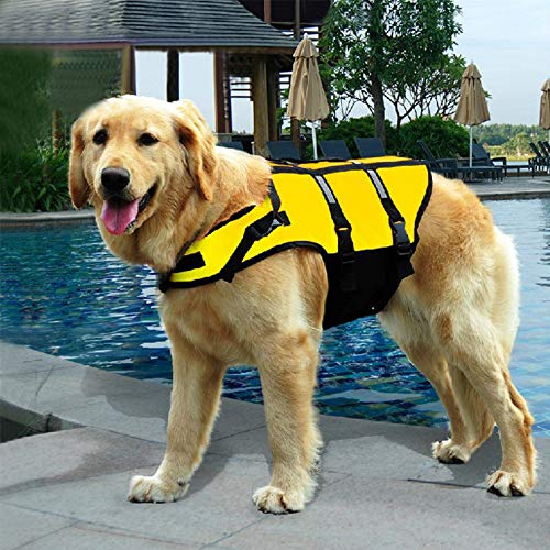 Gulunmun Dog Life Jacket Float Coat Deportes acuáticos Swim Aid Chaleco Salvavidas para Perros Mascota con Mango y reflectores Amarillo, 5XL