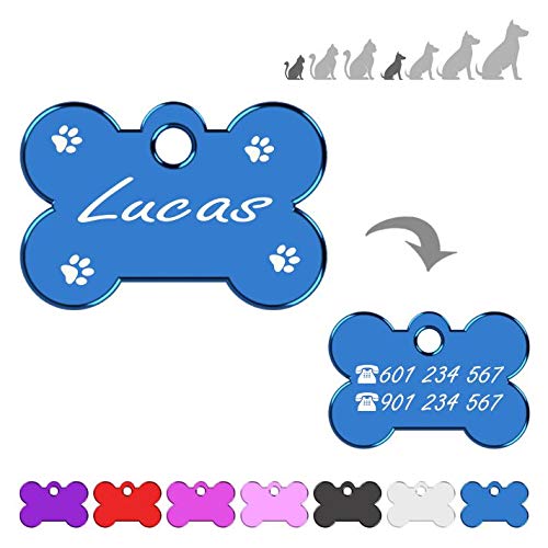 Hueso para Mascotas Muy pequeñas Grabado con Patas Placa Chapa Medalla de identificación Personalizada para Collar Perro Gato Mascota grabada (Azul)