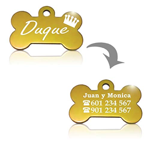 Hueso para Mascotas pequeñas-Medianas con Corona Placa Chapa Medalla de identificación Personalizada para Collar Perro Gato Mascota grabada (Dorado)