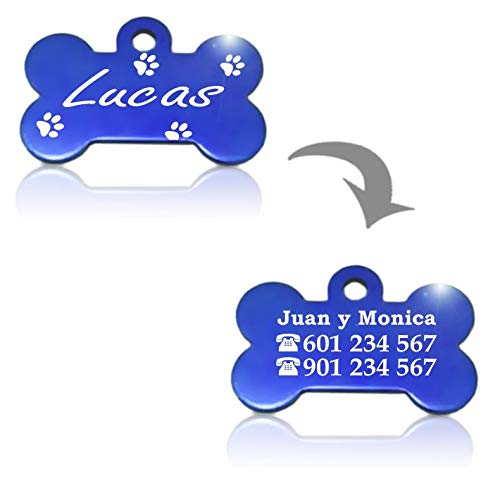 Hueso para Mascotas pequeñas-Medianas con Patas Placa Chapa Medalla de identificación Personalizada para Collar Perro Gato Mascota grabada (Azul)