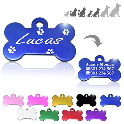 Hueso para Mascotas pequeñas-Medianas con Patas Placa Chapa Medalla de identificación Personalizada para Collar Perro Gato Mascota grabada (Azul)