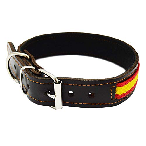 LGP - Collar para Perros de Piel Flor con Bandera de España. 2,5 x 43 cm, Marrón