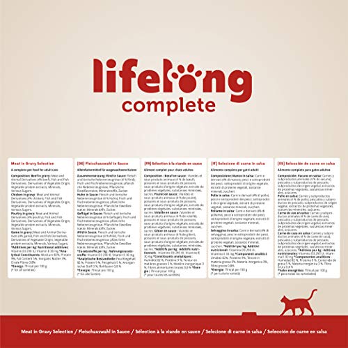 Marca Amazon - Lifelong Alimento completo para gatos adultos - Selección de carne en salsa, 2,4 kg (24 bolsitas x 100g)