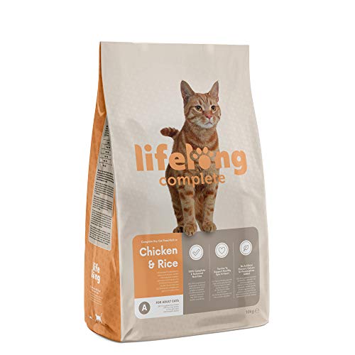 Marca Amazon - Lifelong Complete- Alimento seco completo para gatos adultos rico en pollo y arroz, 1 x 10 kg