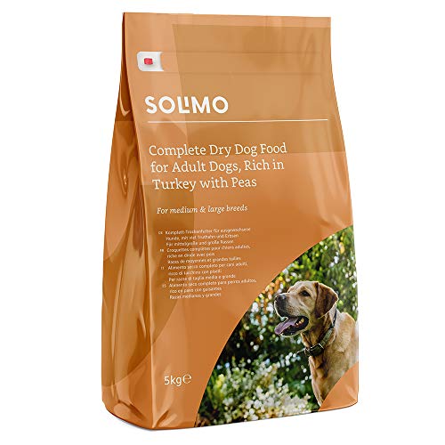 Marca Amazon - Solimo - Alimento seco completo para perro adulto rico en pavo con guisantes, 1 Pack de 5 kg